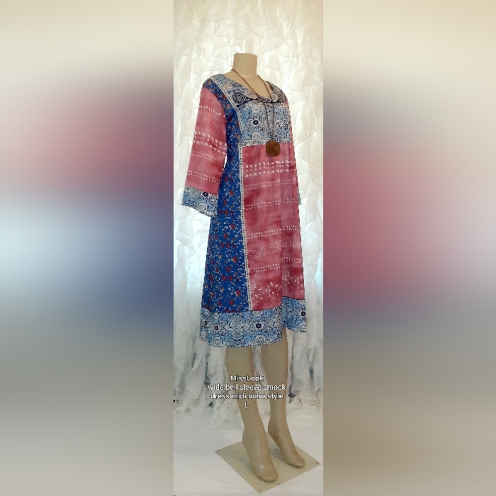 MissLook | Boho Floral Smock Dress Blue Multi-color Lagenlook Hippi Chic L